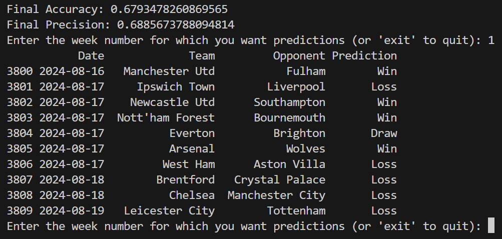 Output of the EPL match predictor