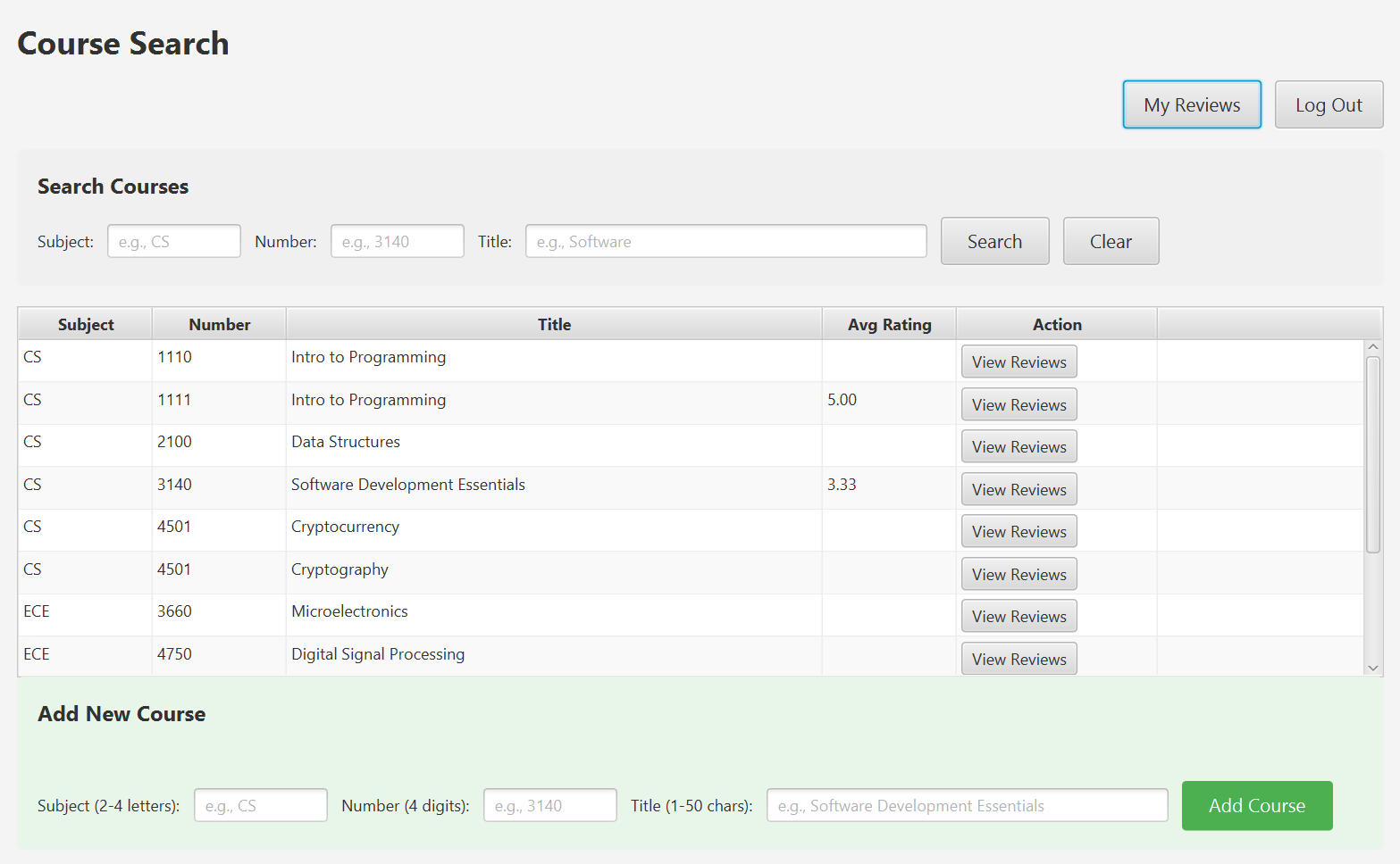 Screenshot of the course review desktop application